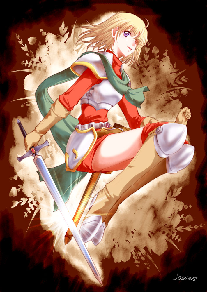 1girl, adol_christin_(cosplay), armor, armored_boots, artist_name, belt, blonde_hair, boots