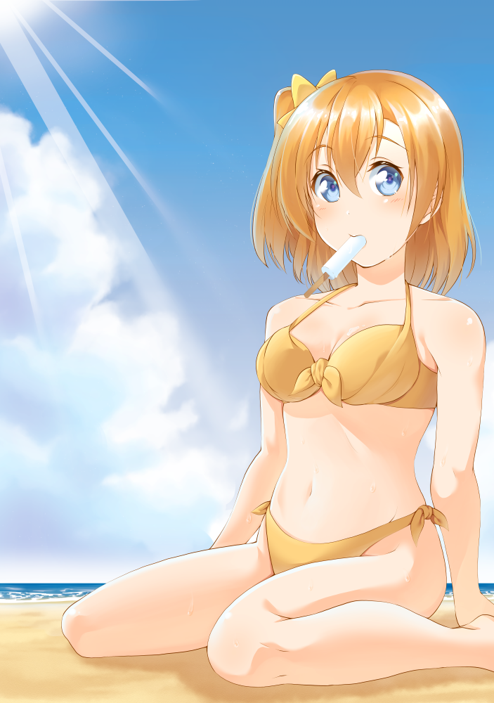 1girl, beach, bikini, blue_eyes, clouds, da-mii, kousaka_honoka, light_rays