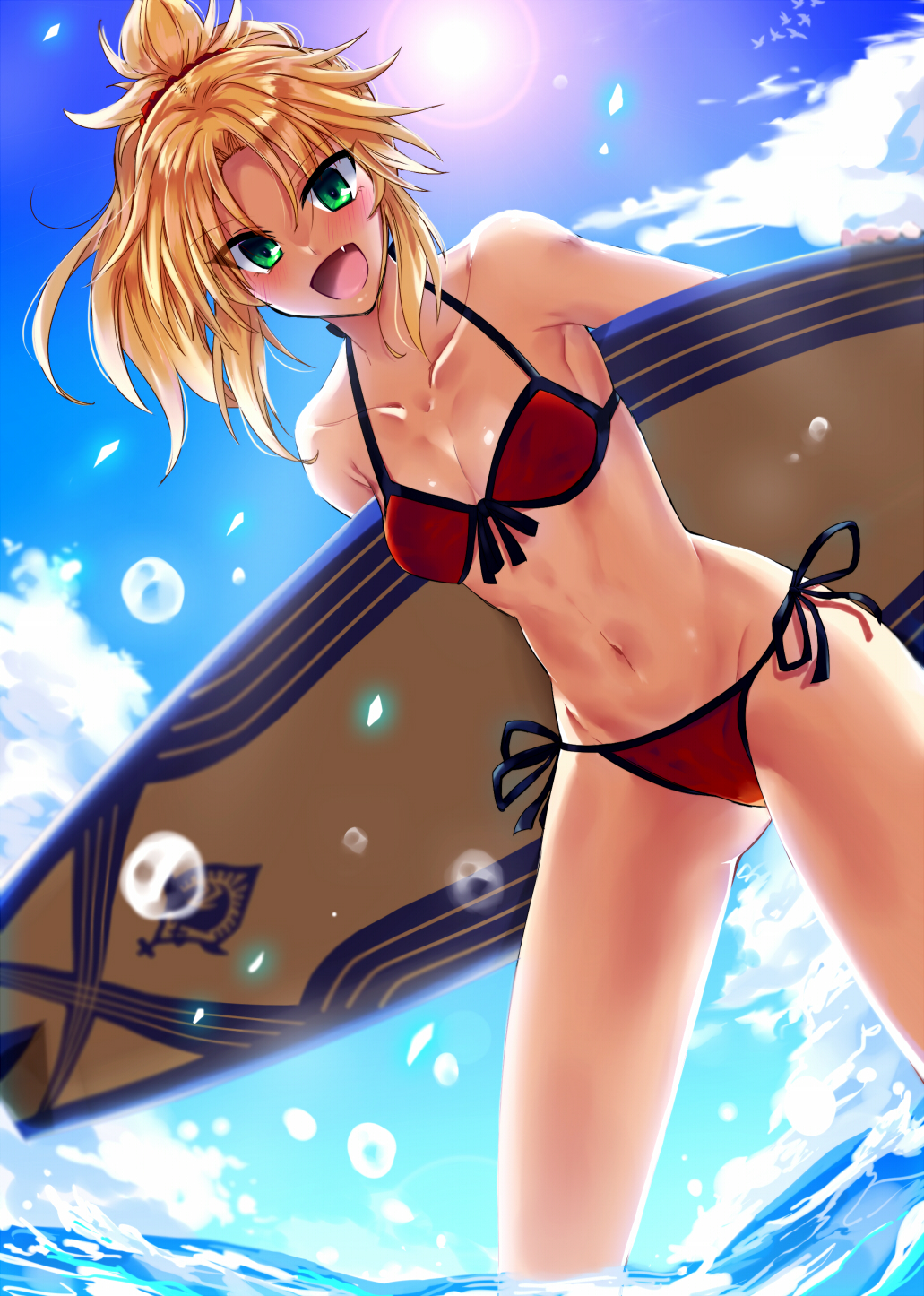 1girl, :d, avalon_(fate/stay_night), beach, bikini, bikini_bottom, bikini_top, clouds, fang, fate/grand_order, fate_(series), green_eyes, highres, midriff, nauchi, navel, open_mouth, ponytail, saber_of_red, scrunchie, sky, smile, solo, sun, surfboard, swimsuit, tan, water