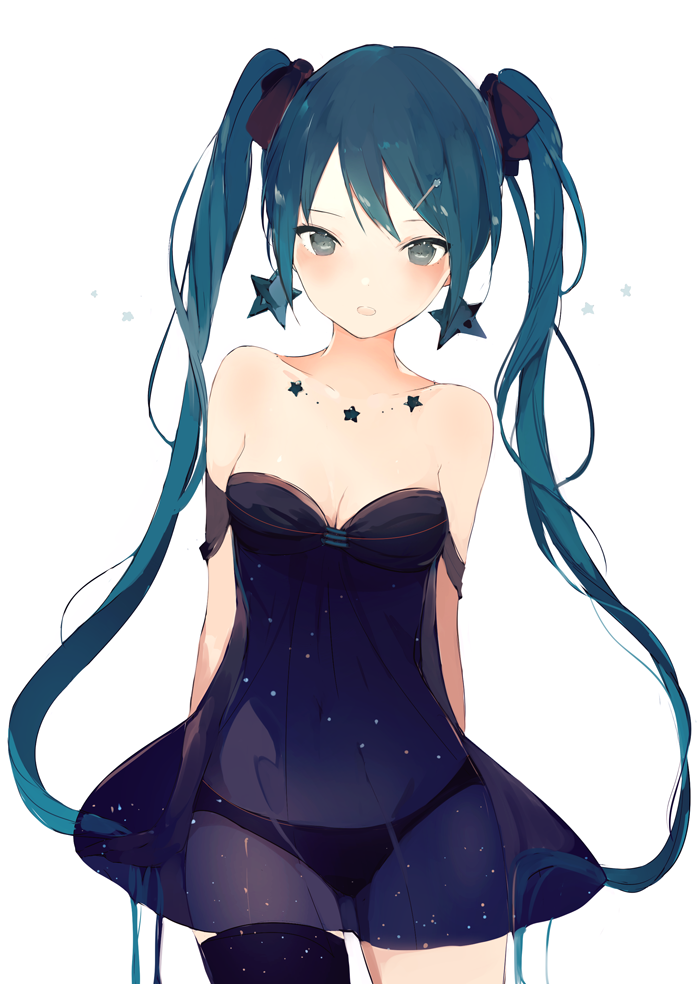 1girl, :d, arms_behind_back, black_dress, black_legwear, black_panties, blue_eyes, blue_hair