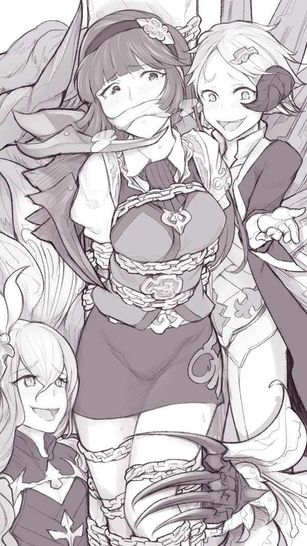 1boy, 2girls, arms_behind_back, bdsm, bondage, bound, breast_bondage, chain, cloth_gag, crying, crying_with_eyes_open, digi_(granblue_fantasy), fili_(granblue_fantasy), gag, gagged, granblue_fantasy, hair_ornament, hairband, horns, improvised_gag, long_hair, marie_(gbf), morisova, multiple_girls, otoko_no_ko, restrained, skirt, tears, tied_up, vest