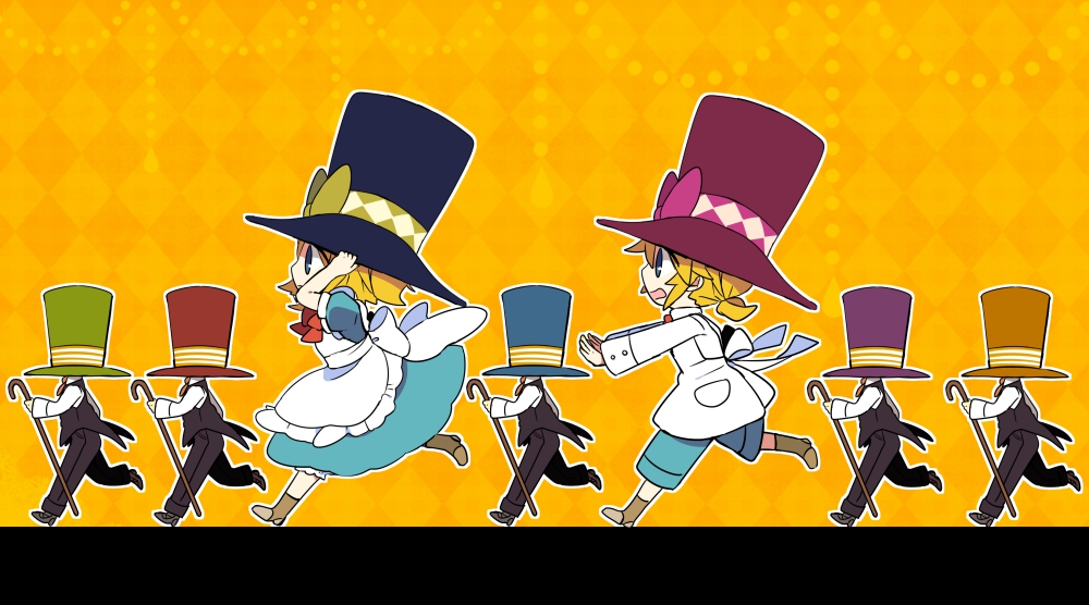 1girl, androgynous, black_pants, black_shoes, black_vest, blonde_hair, bloomers, blue_dress, blue_eyes, blue_hat, blue_shorts, boots, bow, bowtie, brown_boots, cande, chasing, coattails, collared_shirt, diamond_(shape), dress, from_side, green_hat, hand_on_headwear, hands_up, hat, hat_bow, hat_ribbon, holding, kagamine_len, kagamine_rin, long_sleeves, looking_at_another, low_ponytail, necktie, open_mouth, orange_hat, outstretched_arms, oversized_clothes, pants, pantyhose, pocket, puffy_short_sleeves, puffy_sleeves, purple_bow, purple_hat, red_bow, red_bowtie, red_hat, ribbon, running, shade, shirt, shoes, short_hair, short_ponytail, short_sleeves, shorts, striped, striped_ribbon, top_hat, underwear, vocaloid, white_apron, white_shirt, yellow_background, yellow_bow, yellow_necktie, yoshiki