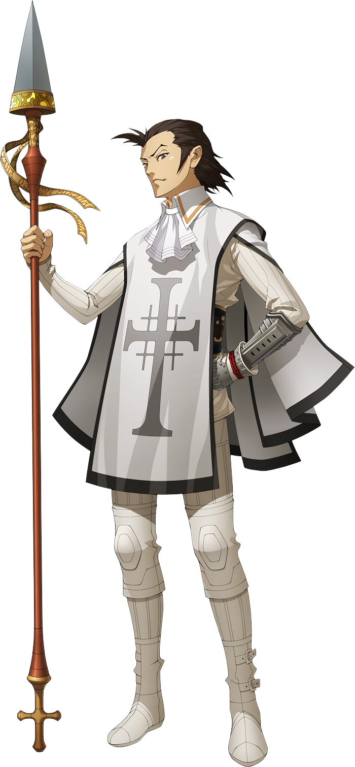 1boy, belt, brown_eyes, brown_hair, cross, doi_masayuki, gaston_(shin_megami_tensei_iv_final), hand_on_hip, highres, holding, holding_weapon, looking_at_viewer, male_focus, official_art, polearm, ribbon, shin_megami_tensei, shin_megami_tensei_iv, shin_megami_tensei_iv_final, smug, solo, spear, tabard, weapon