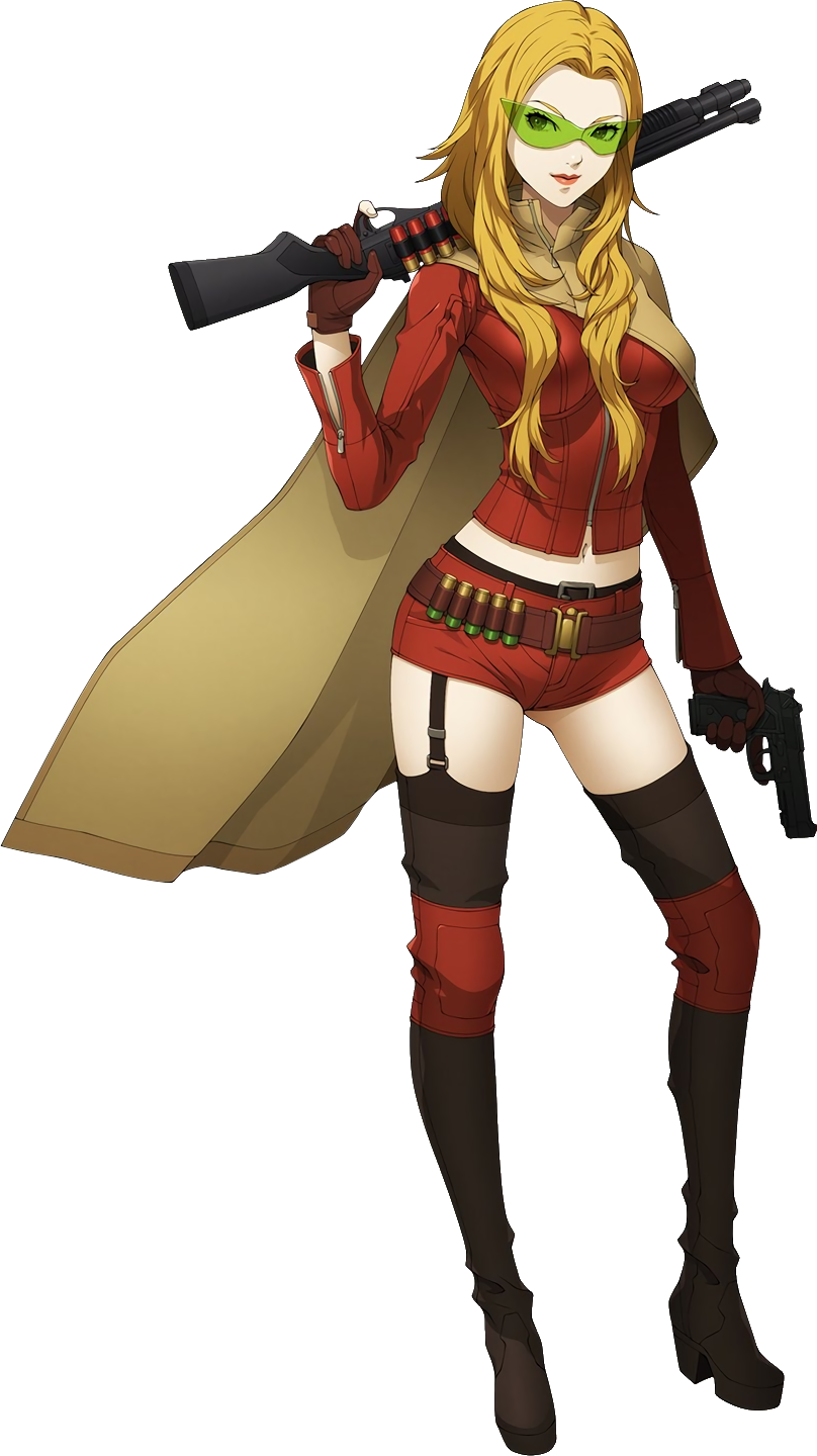 1girl, boots, cape, doi_masayuki, glasses, gun, handgun, highres, long_hair, nozomi_(shin_megami_tensei_iv), official_art, orange_hair, over_shoulder, shin_megami_tensei, shin_megami_tensei_iv, shin_megami_tensei_iv_final, shorts, shotgun, shotgun_shells, solo, thigh-highs, thigh_boots, trigger_discipline, weapon, weapon_over_shoulder