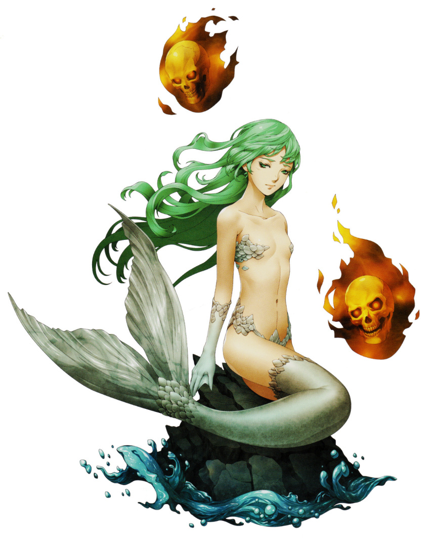 1girl, burning, doi_masayuki, fins, flat_chest, floating_skull, green_eyes, green_hair
