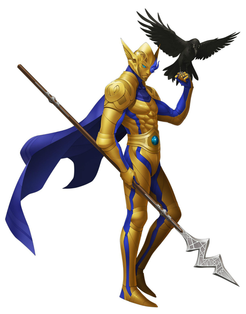1boy, animal, armor, bird, bird_on_hand, blue_eyes, cape, doi_masayuki