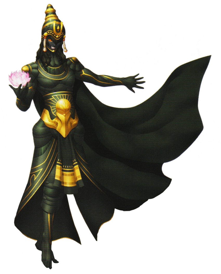 black_hair, black_skin, cape, doi_masayuki, evil_grin, evil_smile, flower, flynn_(smt4), fusion, grin, highres, holding, holding_flower, krishna_(shin_megami_tensei_iv_final), long_hair, lotus, official_art, outstretched_hand, red_eyes, shin_megami_tensei, shin_megami_tensei_iv, shin_megami_tensei_iv_final, smile, spoilers, vishnuflynn