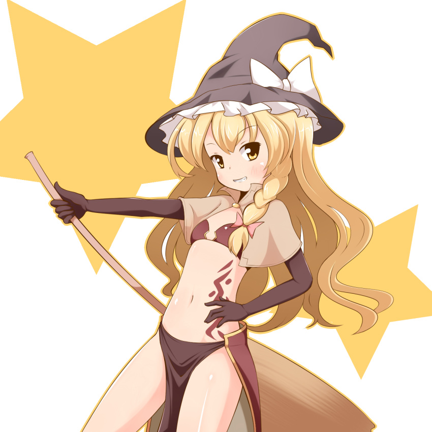 1girl, a-ktoo, alternate_costume, black_gloves, blonde_hair, braid, broom, elbow_gloves