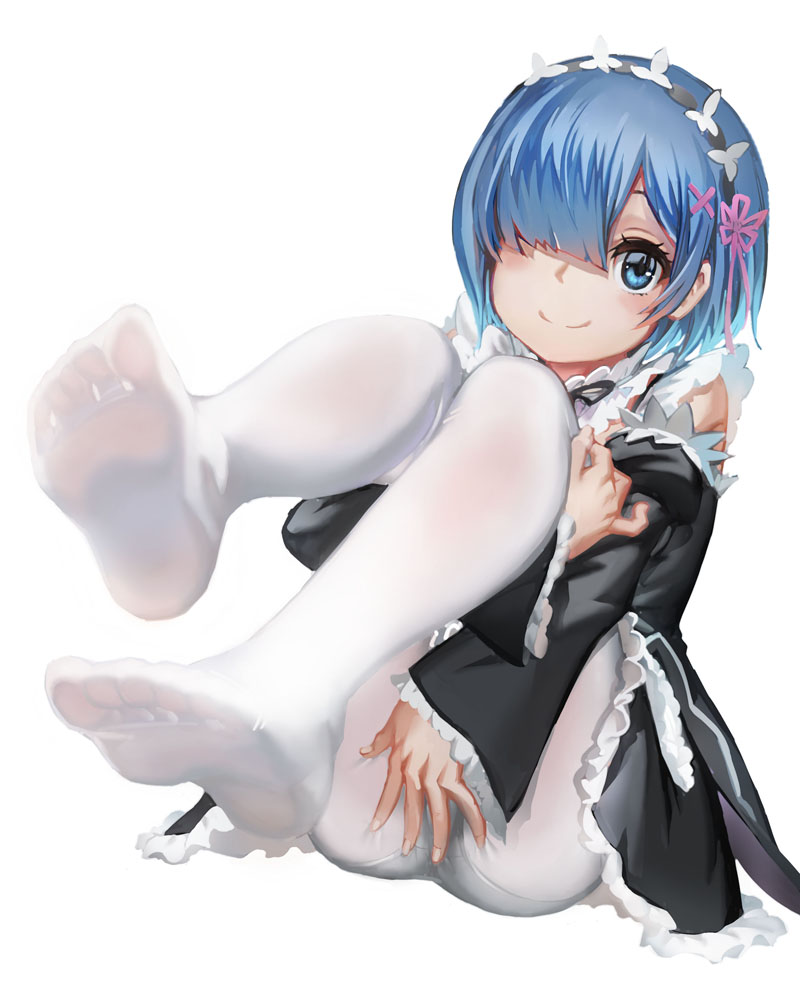 1girl, barefoot, black_dress, blue_eyes, blue_hair, blush, covering, covering_crotch