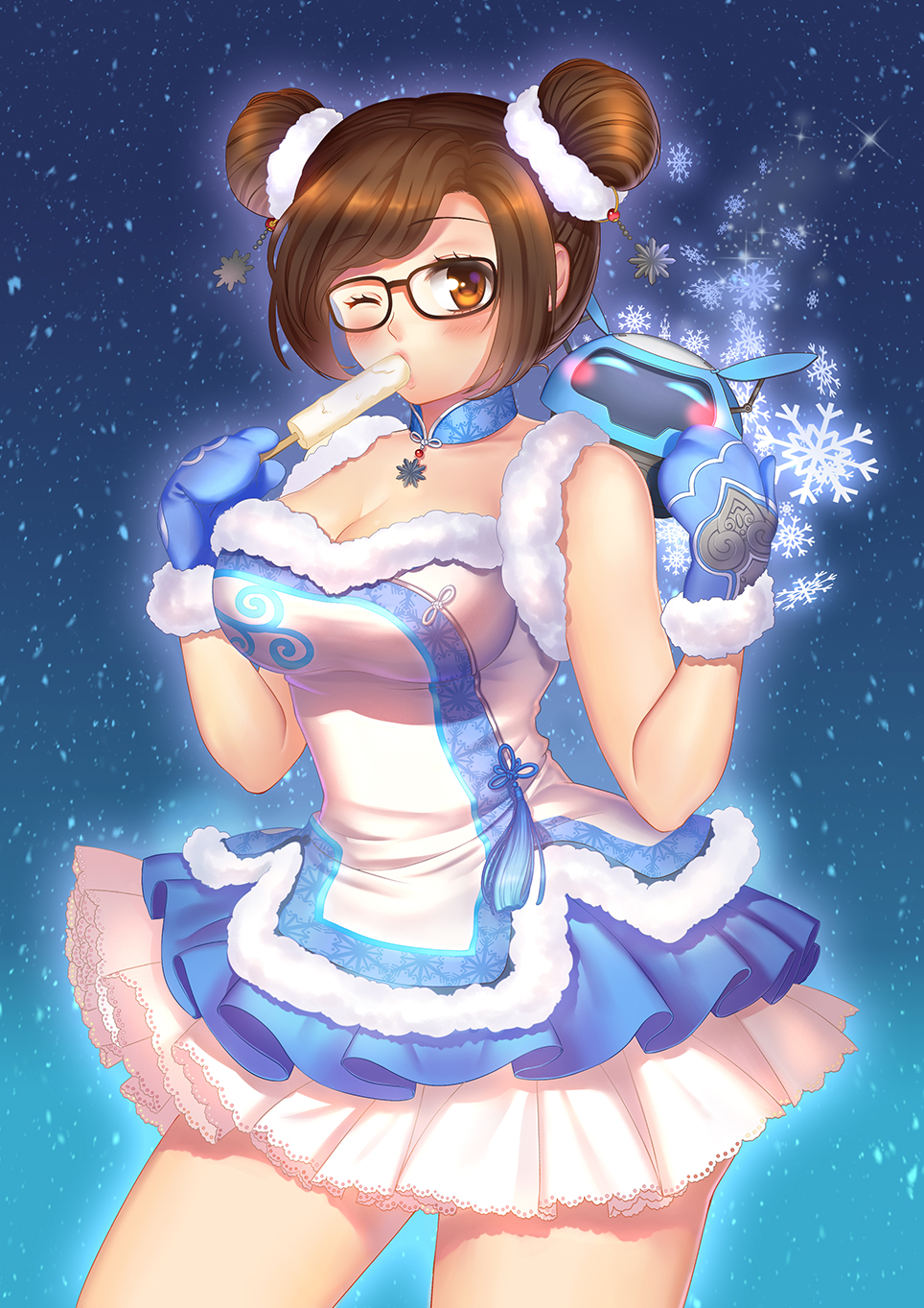 1girl, adapted_costume, alternate_hairstyle, bangs, bare_shoulders, black-framed_eyewear, blue_gloves, blue_ribbon