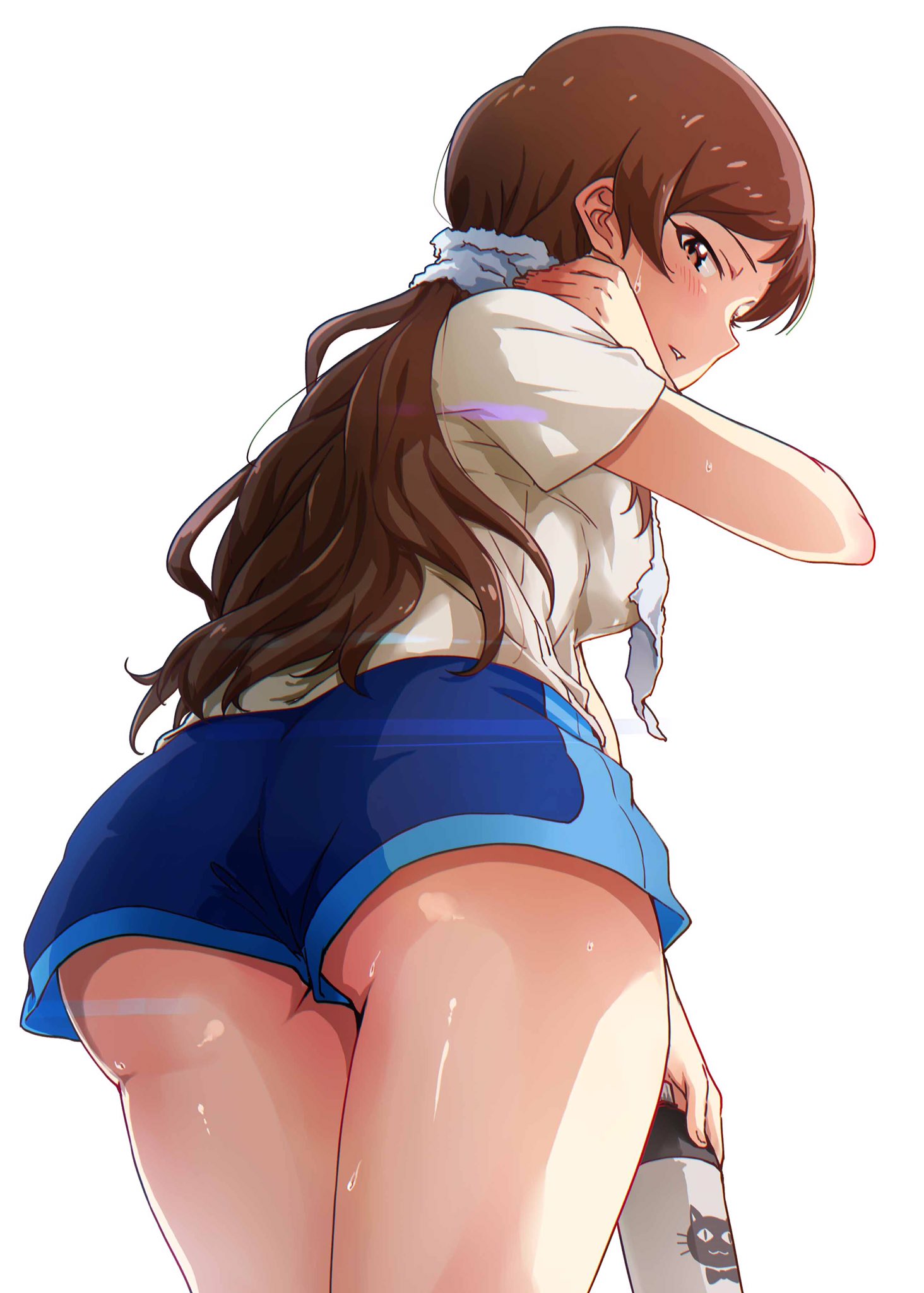 1girl, ass, ayano_yuu_(sonma_1426), blush, bottle, brown_eyes, brown_hair, highres