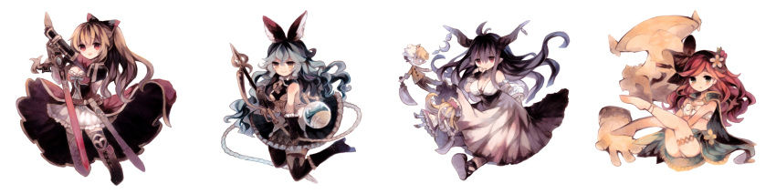 4girls, absurdres, animal_ears, beaker, bikini, black_legwear, blonde_hair, bow, breasts, cape, cleavage, danua, doll, doraf, dress, erun_(granblue_fantasy), ferry_(granblue_fantasy), flower, grafos, granblue_fantasy, gretel_(granblue_fantasy), hair_bow, hair_flower, hair_ornament, hairband, hansel_(granblue_fantasy), highres, horns, large_breasts, leg_up, long_hair, long_image, multiple_girls, ponytail, purple_hair, red_eyes, sara_(granblue_fantasy), simple_background, sitting, stuffed_toy, swimsuit, thigh-highs, thigh_strap, vira, white_background, white_dress, wide_image, wiriam07, zettai_ryouiki