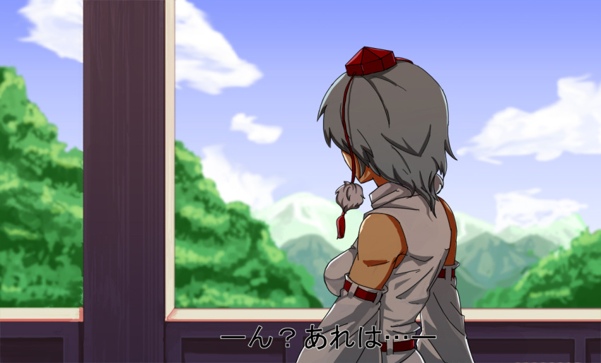 1girl, arm_garter, bare_shoulders, breasts, commentary_request, detached_sleeves, grey_hair, hat