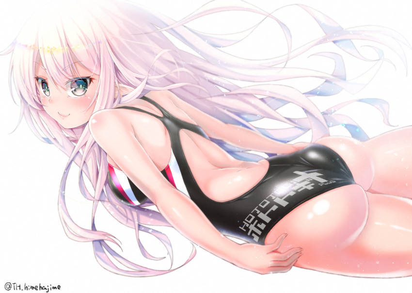 1girl, air_bubble, arms_at_sides, ass, back_cutout, bangs, bare_arms, black_swimsuit