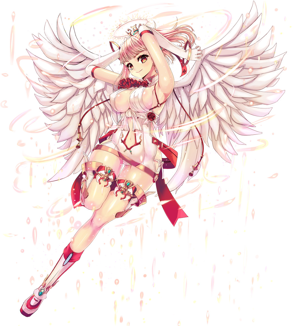 1girl, angel_wings, breasts, cleavage, crown, elbow_gloves, gloves, halo, legband, navel, pink_hair, rasiel_(soccer_spirits), reason_(ficafe), red_eyes, running, soccer_spirits, solo, white_gloves, white_wings, wings