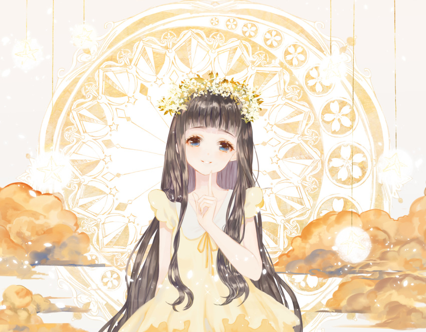 1girl, bangs, black_hair, blue_eyes, blunt_bangs, cardcaptor_sakura, cherry_blossoms, clouds