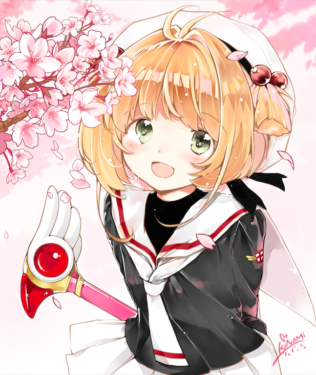 1girl, :d, antenna_hair, arms_behind_back, artist_name, brown_hair, cardcaptor_sakura, cherry_blossoms, flower, fuuin_no_tsue, green_eyes, hair_bobbles, hair_ornament, hat, kinami, kinomoto_sakura, open_mouth, petals, pink_background, pink_flower, school_uniform, serafuku, short_hair, signature, skirt, smile, solo, wand, white_hat, white_skirt