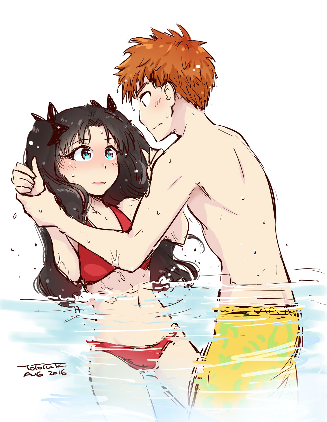 1boy, 1girl, artist_name, bikini, black_hair, blue_eyes, blush, commentary_request