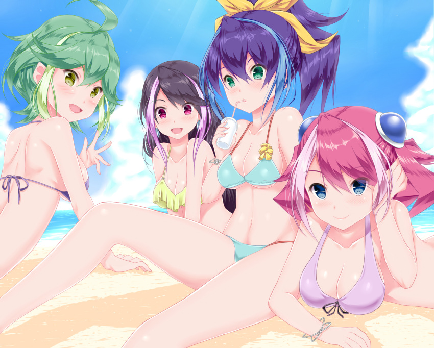 4girls, :d, ahoge, aqua_eyes, arm_support, bangs, bikini, blue_eyes
