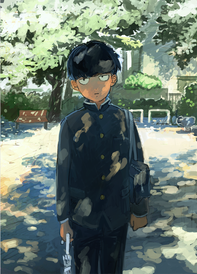 1boy, bag, bench, black_eyes, black_hair, bowl_cut, dappled_sunlight, expressionless