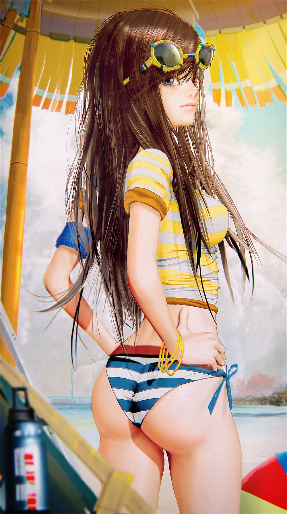 1girl, armband, ass, beach, bikini, bikini_bottom, blue_bikini_bottom, blue_eyes