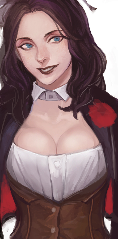 1girl, black_lipstick, blue_eyes, breasts, cleavage, corset, dc_comics, detached_collar, eyeliner, jacket, large_breasts, lipstick, makeup, purple_hair, smile, solo, tatsuko_(chenzi), upper_body, zatanna_zatara