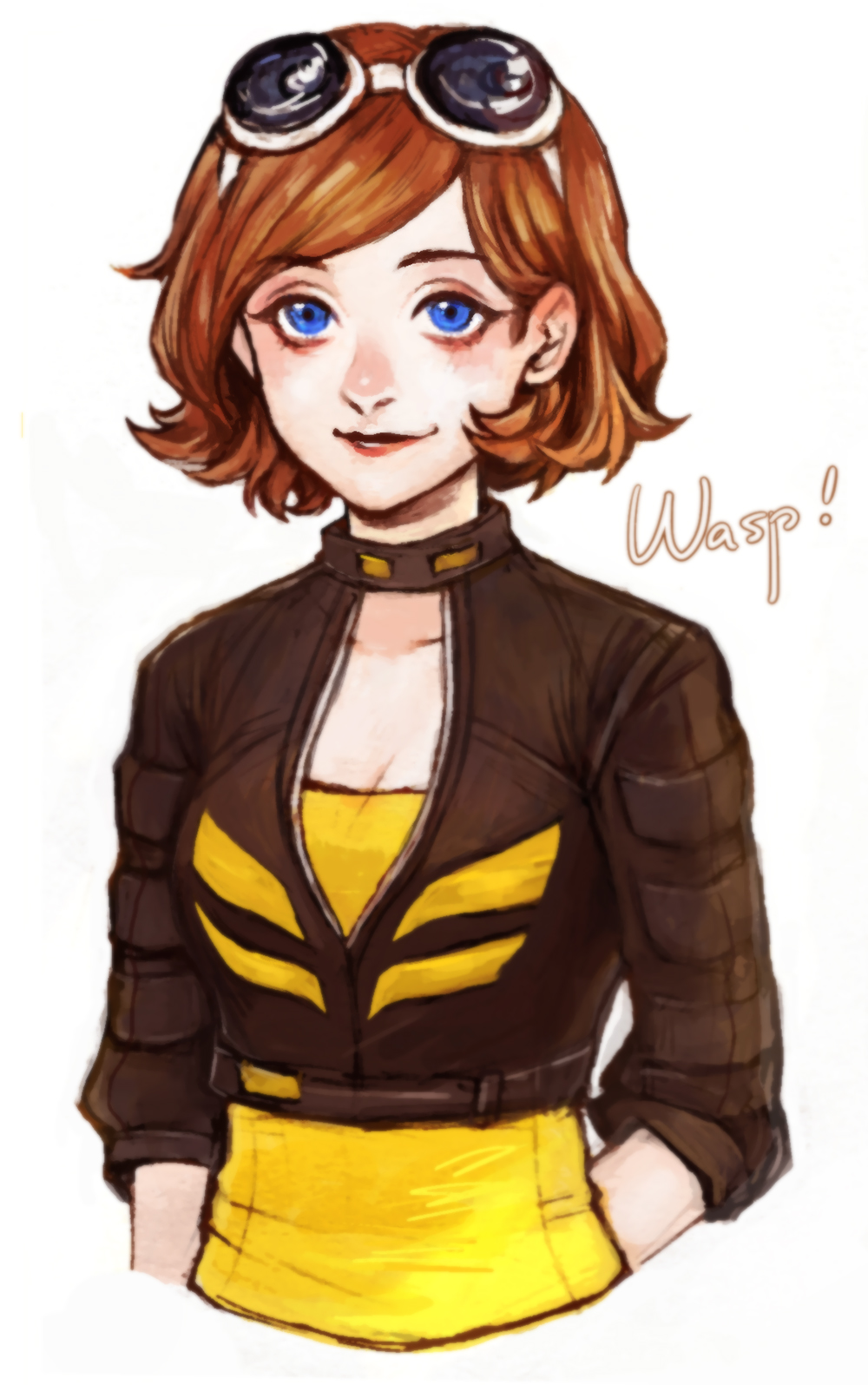 1girl, arm_behind_back, avengers_academy, blue_eyes, breasts, brown_hair, cleavage, goggles