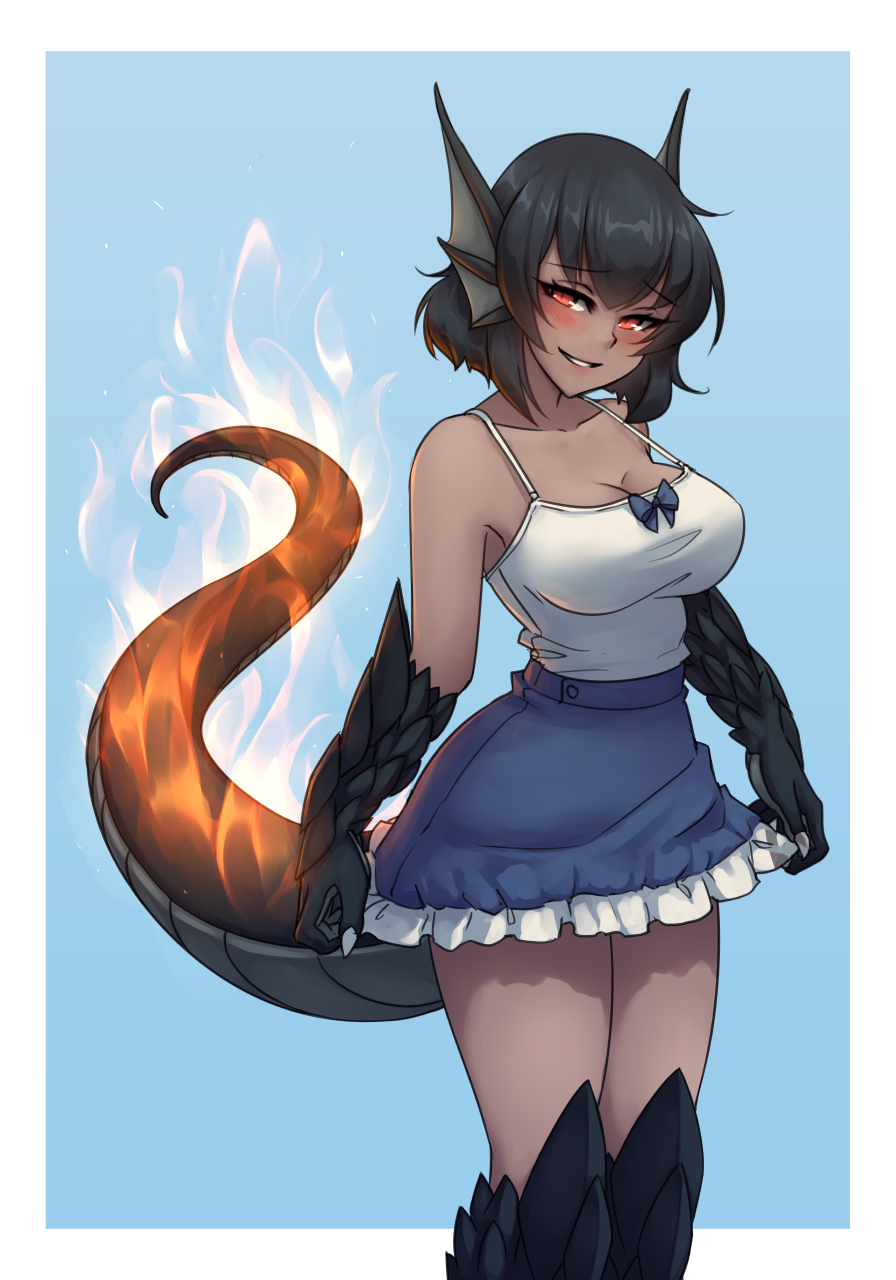 1girl, alternate_color, alternate_costume, alternate_hair_color, alternate_hair_length, alternate_hairstyle, bare_shoulders, black_hair, blue_background, blue_skirt, blush, bow, breasts, camisole, claws, commentary, cowboy_shot, dark_skin, fiery_tail, fire, flame, frilled_skirt, frills, head_fins, head_tilt, highres, large_breasts, lizard_tail, looking_at_viewer, monorus, monster_girl, monster_girl_encyclopedia, paws, red_eyes, salamander_(monster_girl_encyclopedia), scales, shirt, short_hair, simple_background, skirt, skirt_hold, slit_pupils, smile, solo, strap_gap, tail, thighs, white_shirt