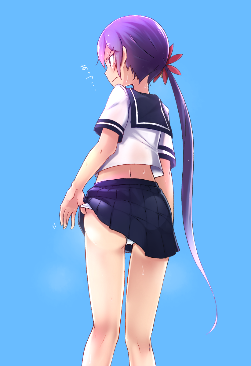 1girl, akebono_(kantai_collection), ass, blue_background, blue_skirt, blush, closed_mouth, flower