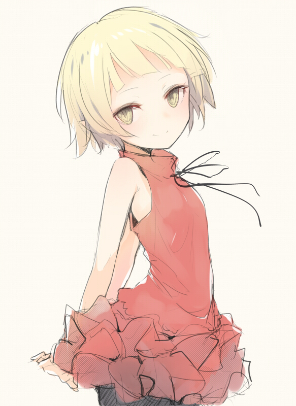 1girl, arms_behind_back, black_legwear, blonde_hair, closed_mouth, dress, frilled_dress, frills