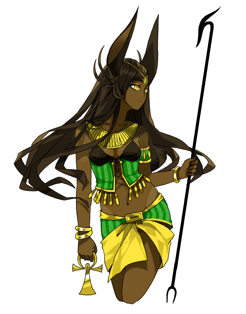 1girl, animal_ears, ankh, anubis, bracelet, brown_hair, circlet, cowboy_shot