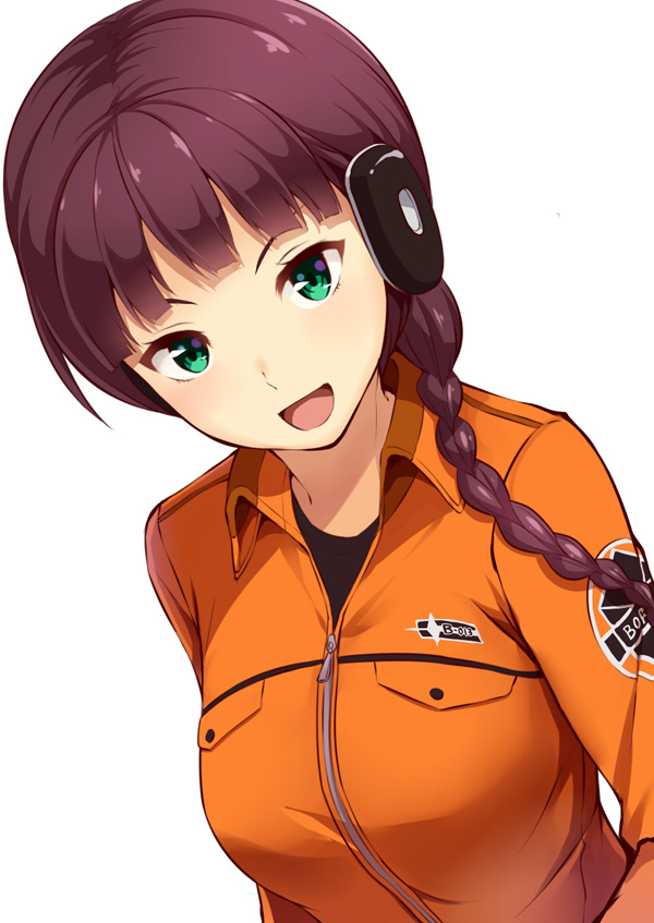 1girl, :d, bangs, braid, breasts, brown_eyes, dutch_angle, emblem