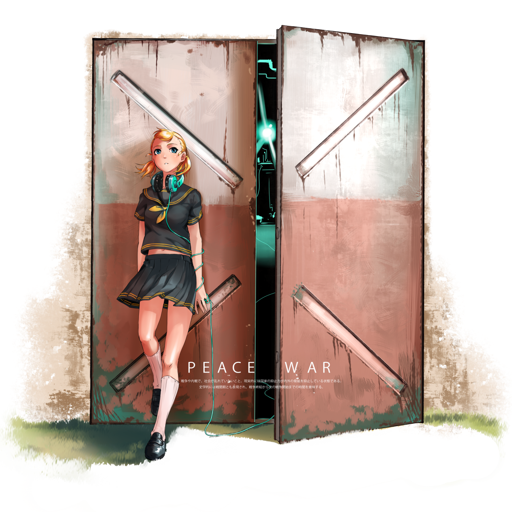 1girl, against_door, black_shirt, black_shoes, black_skirt, blonde_hair, blue_eyes, blush