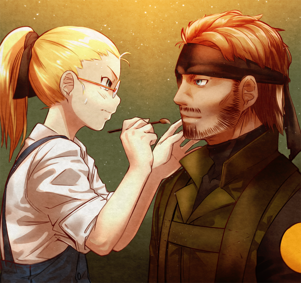 1boy, 1girl, beard, black_ribbon, blonde_hair, blue_eyes, blush, brown_hair