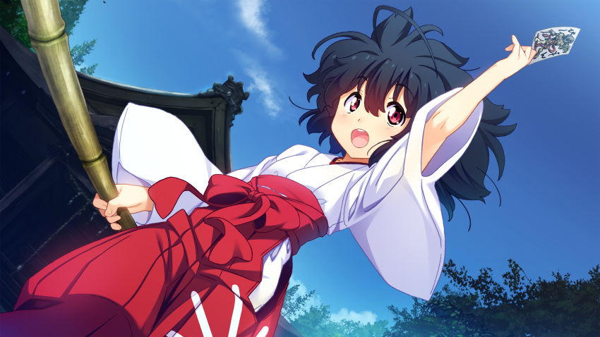 1girl, arm_up, black_hair, garandou_sara, highres, island_(game), japanese_clothes, kuuchuu_yousai