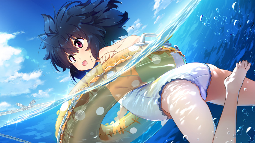 1girl, black_hair, garandou_sara, highres, innertube, island_(game), kuuchuu_yousai, messy_hair