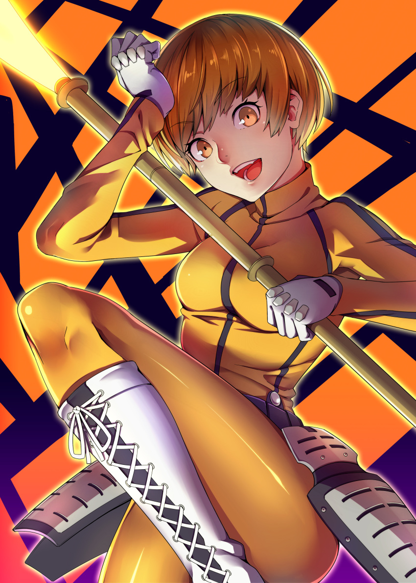 1girl, absurdres, brown_hair, cosplay, highres, looking_at_viewer, pantyhose, persona, persona_4, polearm, satonaka_chie, short_hair, smile, solo, spear, tomoe_(persona_4), tomoe_(persona_4)_(cosplay), weapon, yuuten