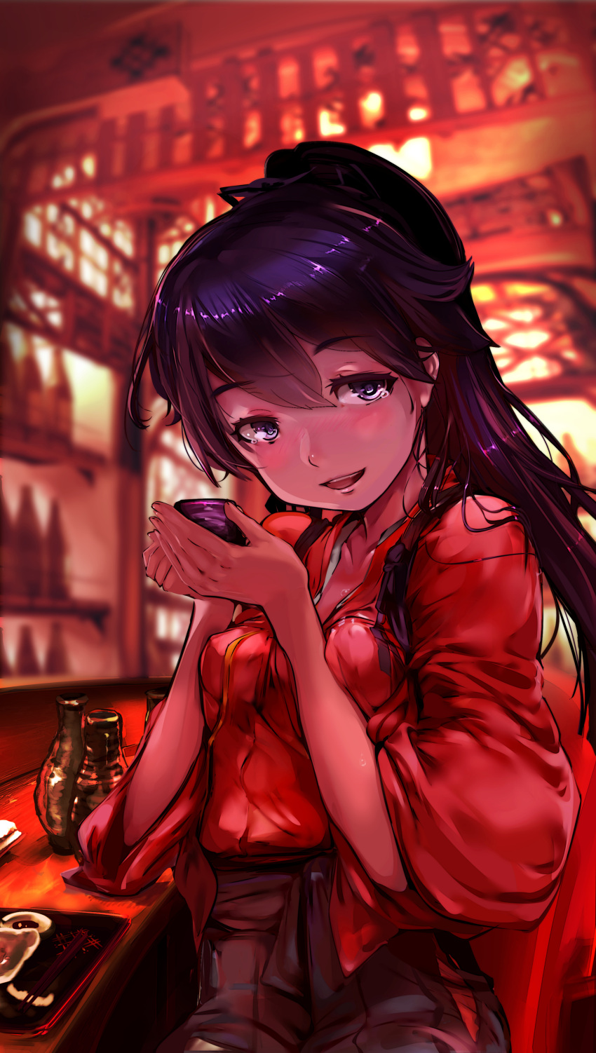 1girl, :d, absurdres, black_hair, blue_eyes, blush, breasts, chopsticks