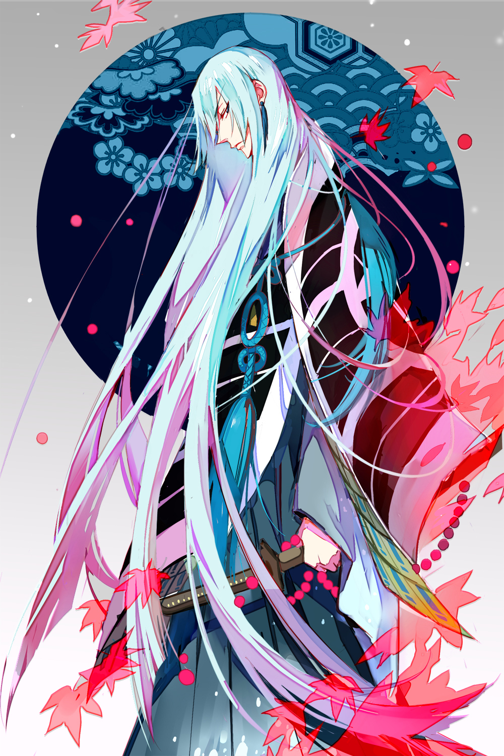 1boy, blue_eyes, blue_hair, cherry_blossoms, circle, full_body, hakama, highres