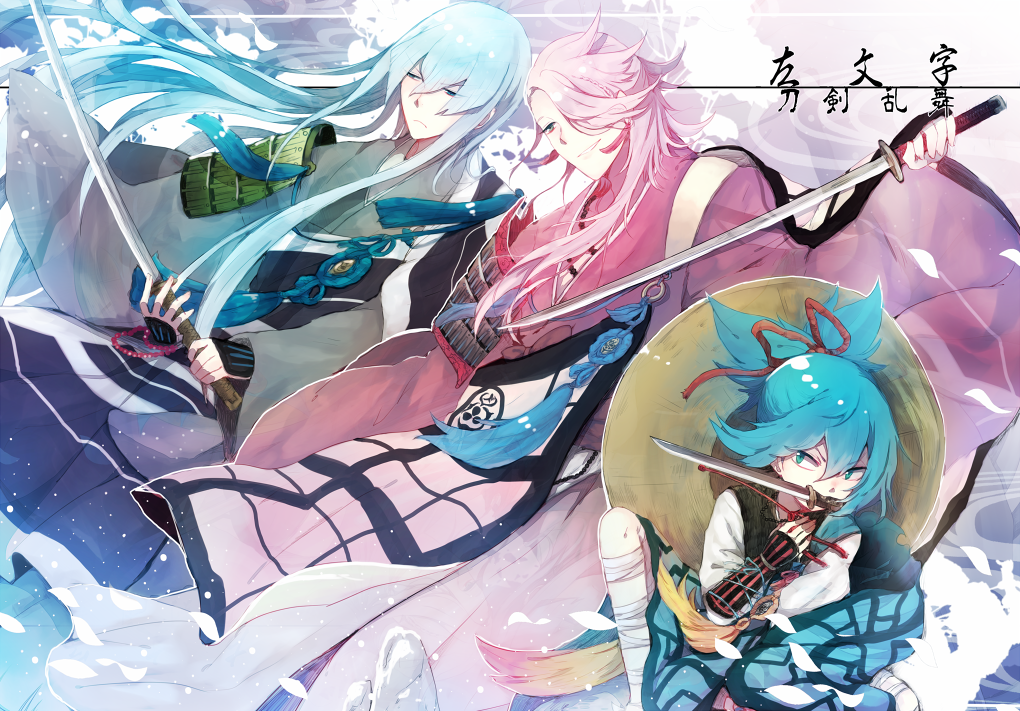 3boys, armor, bandages, blue_eyes, blue_hair, fighting_stance, hair_over_one_eye, hair_ribbon