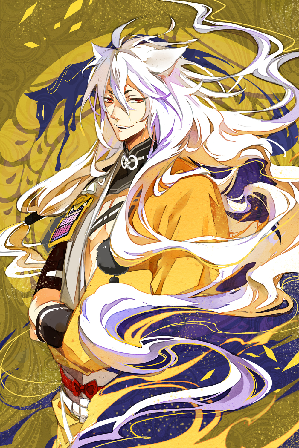 1boy, fangs, highres, igote, japanese_clothes, kimono, kitsune, kogitsunemaru, looking_at_viewer, male_focus, niaoniaoyoo, red_eyes, short_eyebrows, smile, solo, touken_ranbu, white_hair, yellow_background, youkai