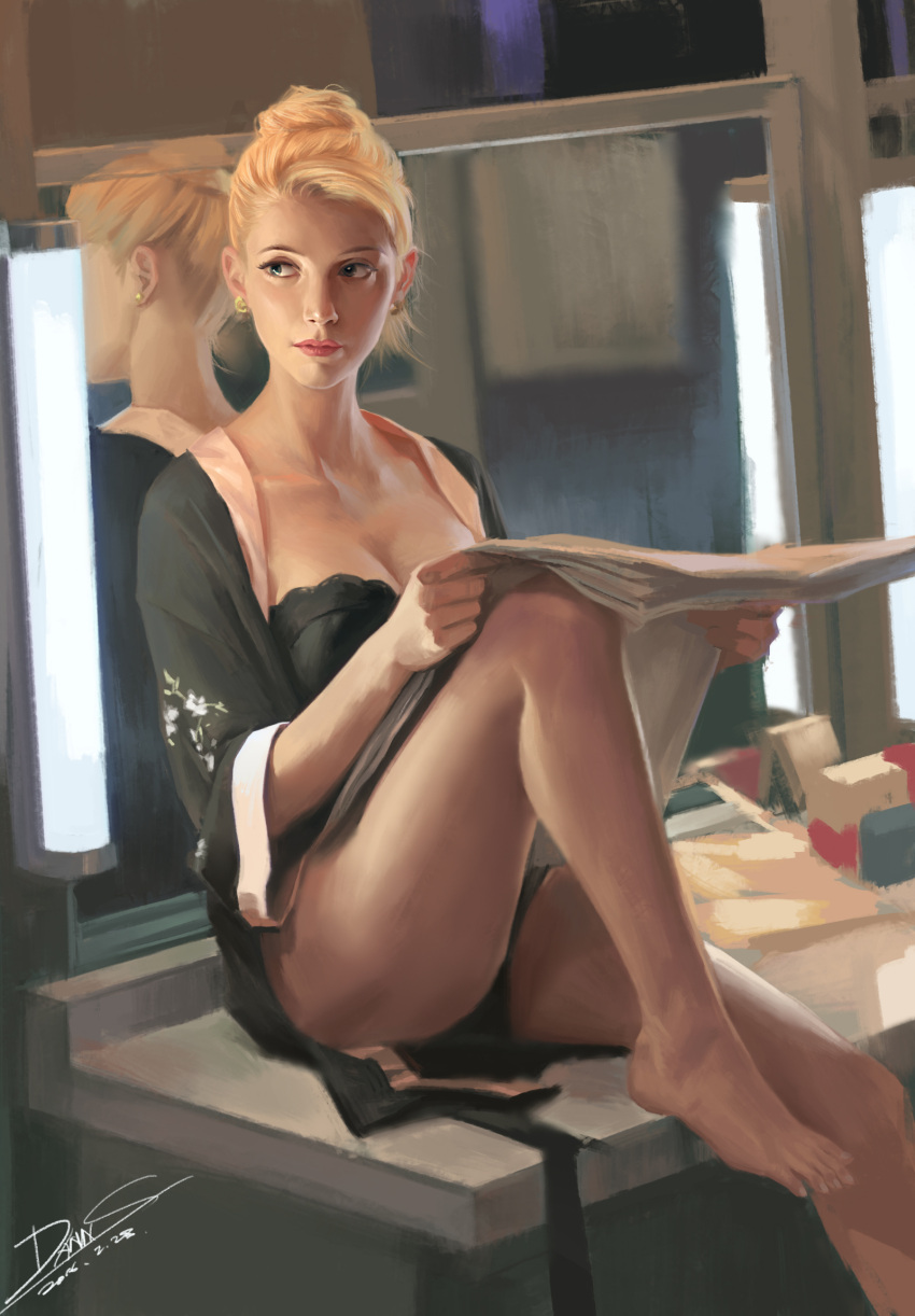 1girl, 2016, barefoot, blonde_hair, breasts, cleavage, collarbone, dannis