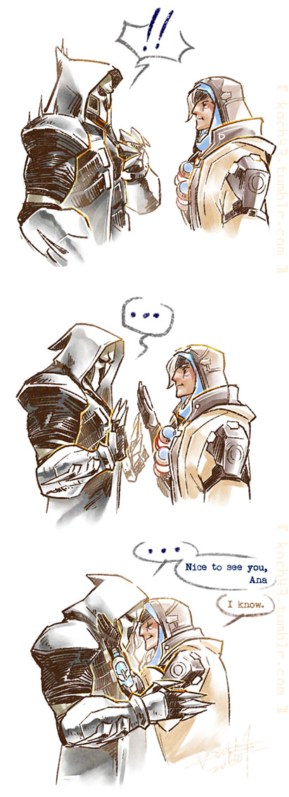 !!, ..., 1boy, 1girl, ana_(overwatch), cloak, comic, dark_skin, english, face_mask, facial_tattoo, forehead-to-forehead, hijab, hood, koch_huang, mask, overwatch, reaper_(overwatch), tattoo