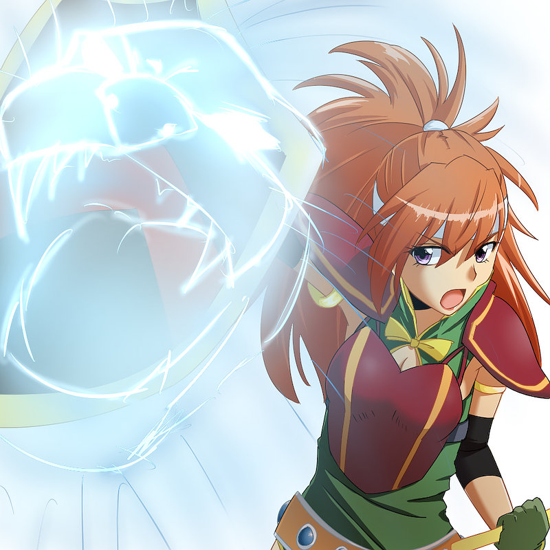 1girl, armor, breasts, cleavage, dark_skin, electricity, gloves, headband, long_hair, mary_argent, narise, open_mouth, orange_hair, ponytail, solo, tales_of_(series), tales_of_destiny, upper_body, violet_eyes, white_background