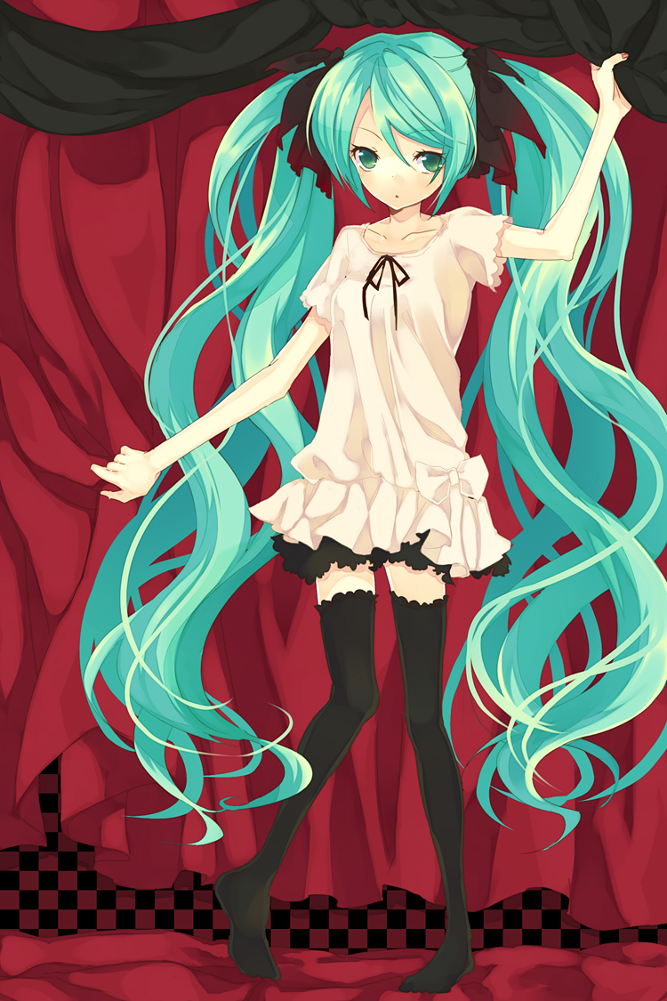 bad_id, curtains, dress, green_eyes, hair_ribbon, hatsune_miku, long_hair, reitei