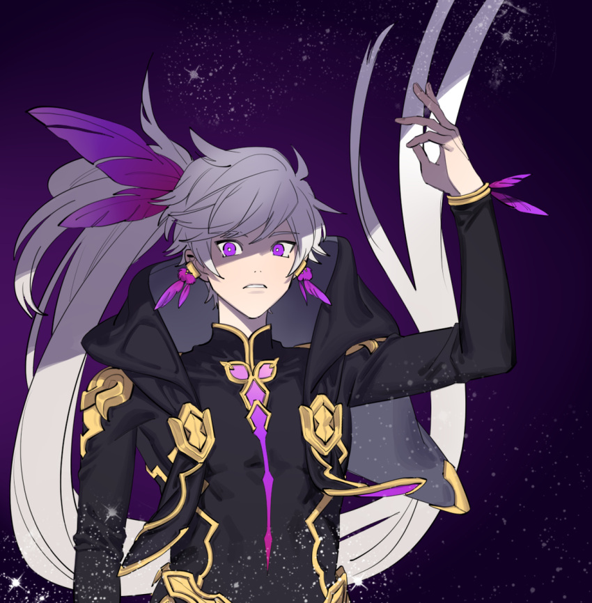 1boy, earrings, feather_earrings, highres, ho-dan., hood, hooded_jacket, jacket, jewelry, kamui_(tales_of_zestiria), long_hair, male_focus, ponytail, solo, sorey_(tales), tales_of_(series), tales_of_zestiria, violet_eyes, white_hair