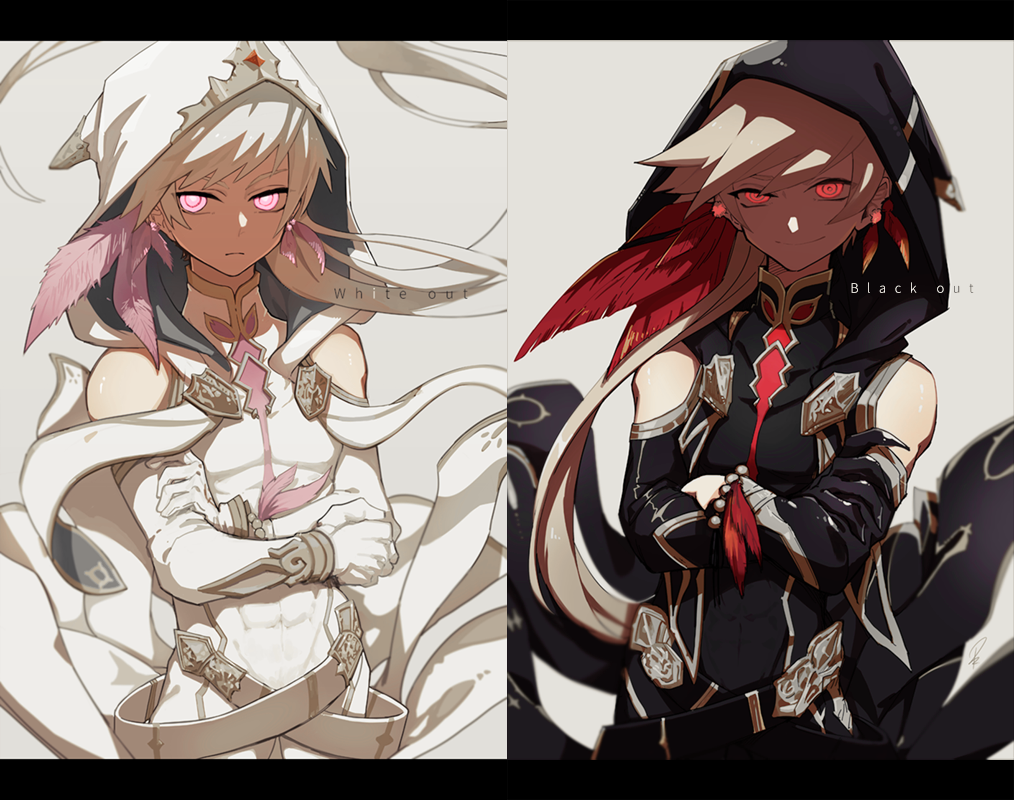 1boy, adapted_costume, alternate_color, crossed_arms, earrings, feather_earrings, jewelry, kamui_(tales_of_zestiria)