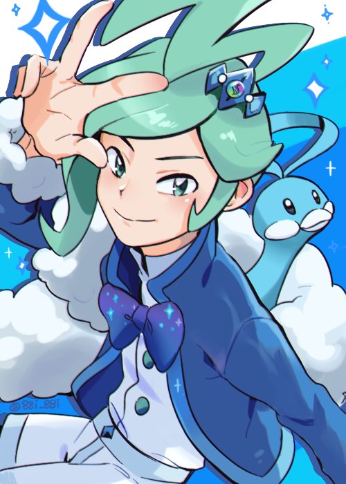 1boy, ahoge, altaria, aqua_eyes, aqua_hair, bbu_upman, blue_background, bowtie_removed