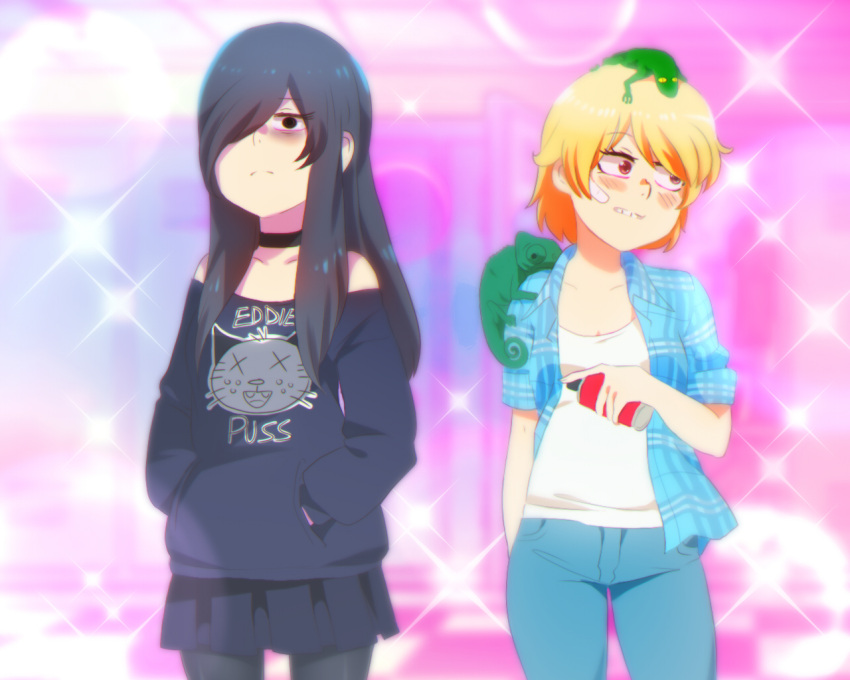 2girls, bags_under_eyes, bandaid, bandaid_on_face, bare_shoulders, black_eyes, black_hair, blonde_hair