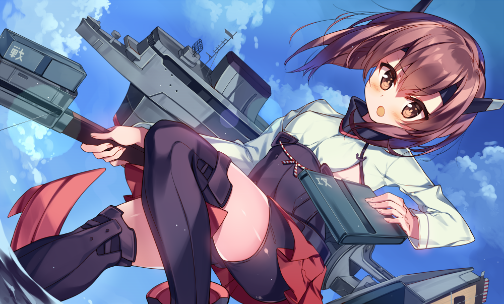 1girl, bike_shorts, blush, boots, brown_eyes, brown_hair, commentary_request, flat_chest, flight_deck, headband, headgear, kantai_collection, kureaki_(exit), looking_at_viewer, machinery, open_mouth, pleated_skirt, short_hair, skirt, solo, taihou_(kantai_collection), thigh-highs, thigh_boots